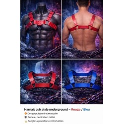 Harnais cuir homme rouge bleu – style underground | PoppersCaen
